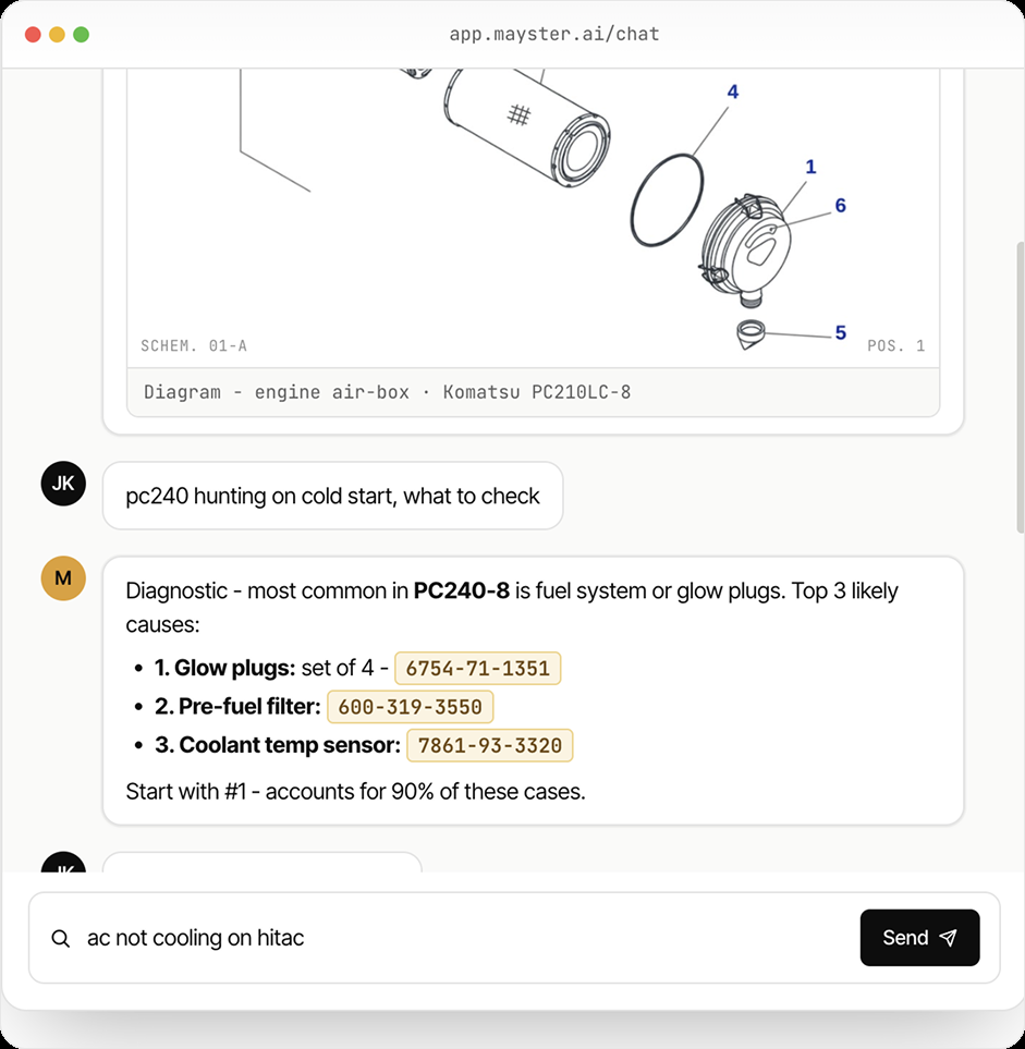 Mayster AI parts assistant chat interface