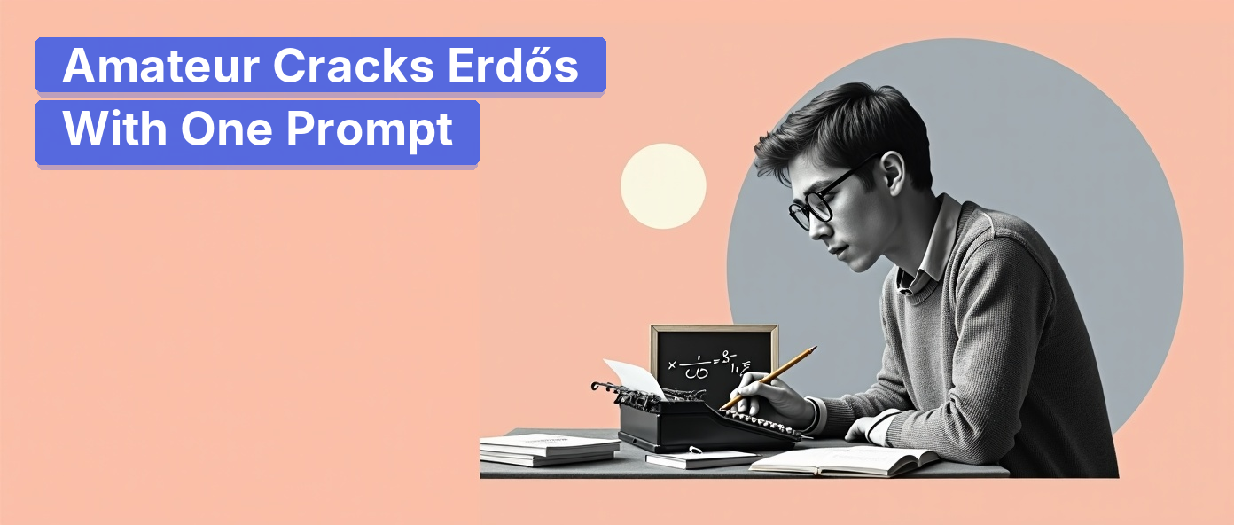 A vintage young man at a typewriter struck by sudden mathematical insight.