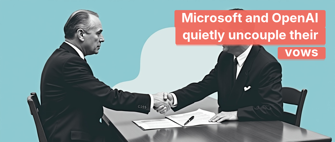 Two postwar executives shaking hands warily over a contract.