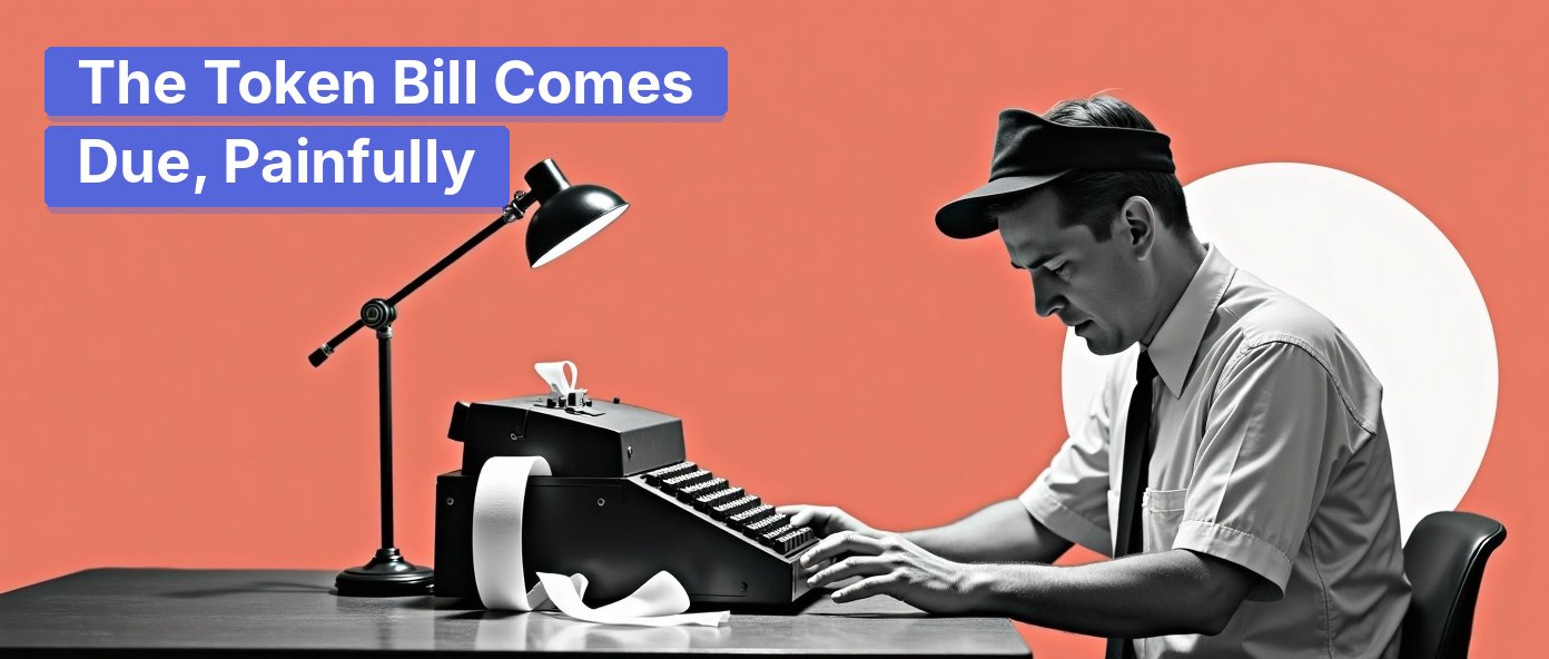 A vintage accountant strains over an adding machine drowning in paper tape.
