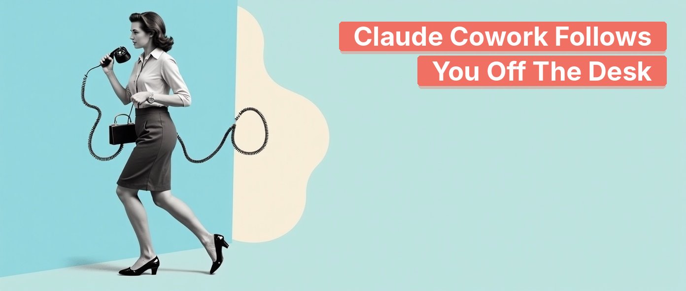 A vintage businesswoman walking with a rotary phone trailing a long cord.