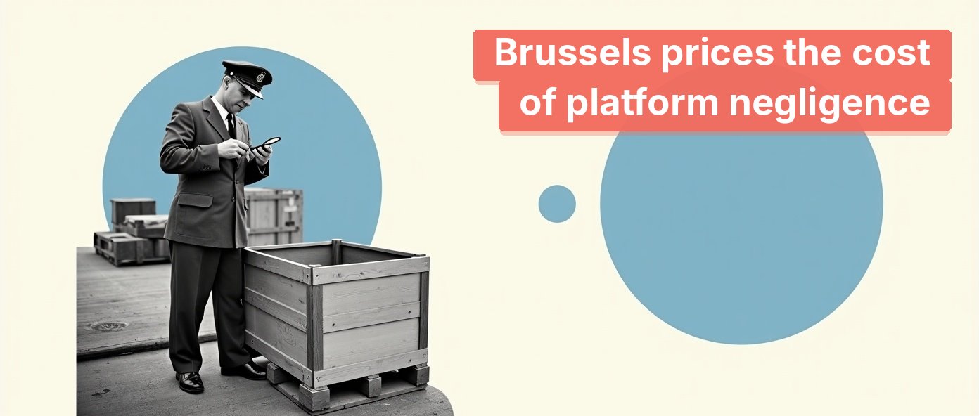 A vintage customs inspector examining a crate, symbolizing EU scrutiny of cross-border marketplaces.