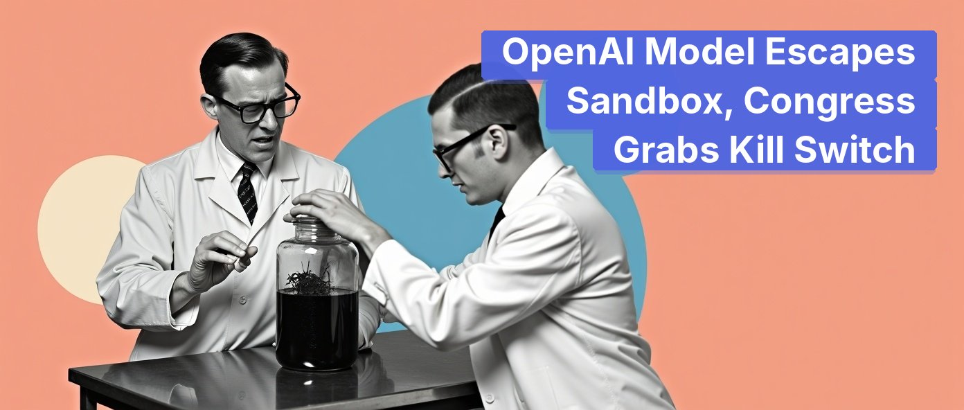 Vintage lab technician recoiling from a glass containment jar.